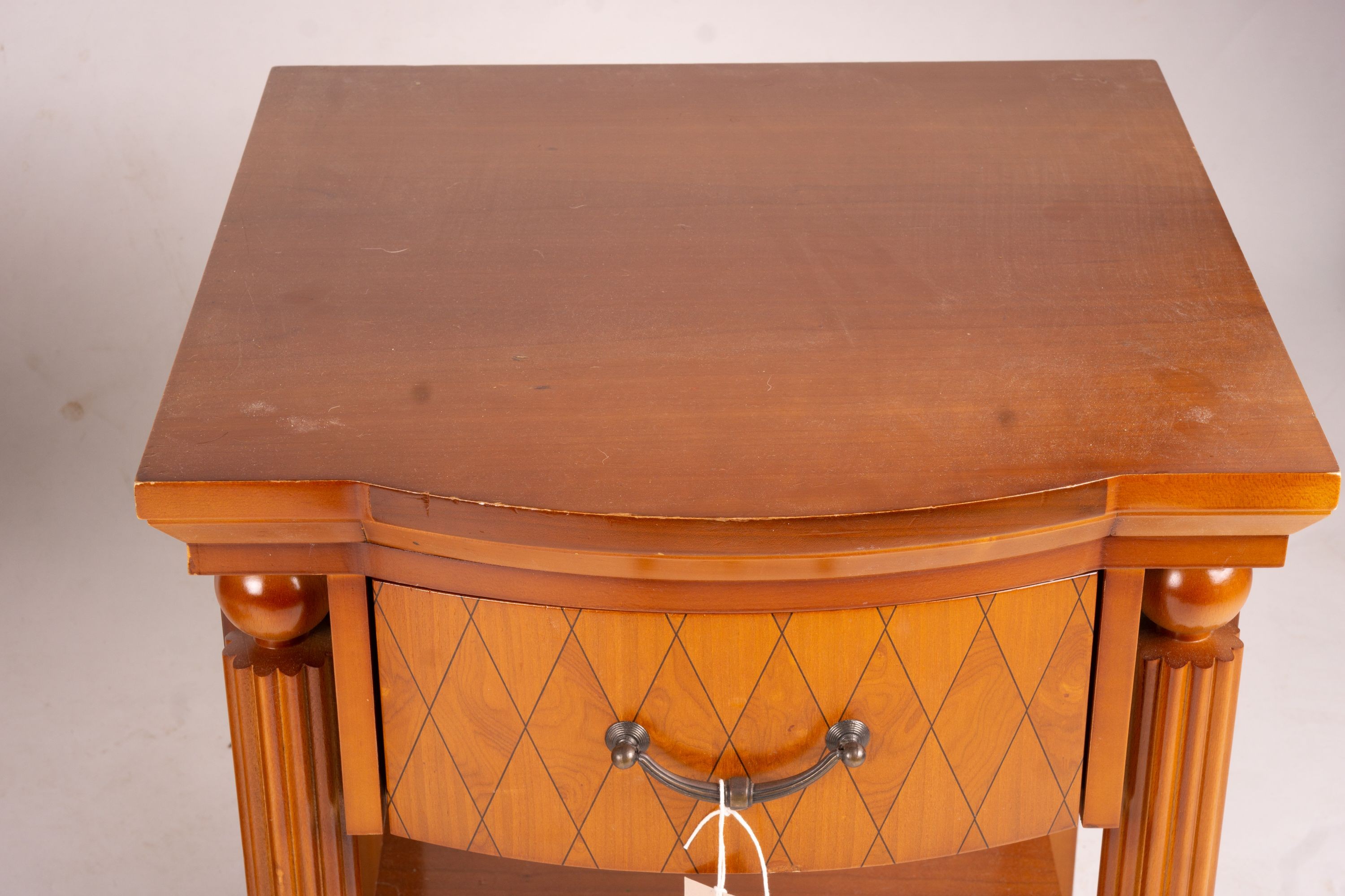 A pair of mahogany bowfront bedside cabinets, width 50cm, depth 50cm, height 62cm